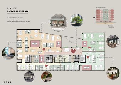 Etasjeplan (Plan 3) som viser møblering og romfordeling for et kontorbygg.