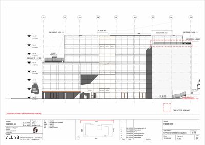 Fasadetegning som viser bygningens utseende sett fra vest, med høydeangivelser og detaljer om fasadebehandling.