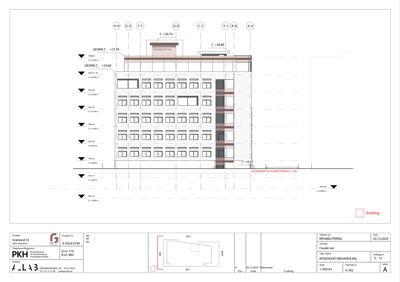 Fasadetegning som viser bygningens utseende sett fra siden, med høydeangivelser og vindusoppsett.