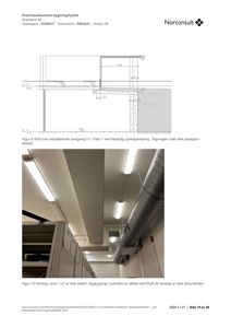 Fotografi av en himling i et arkiv (U1) som viser lysarmaturer, en stor ventilasjonsrør og en betongkonstruksjon.