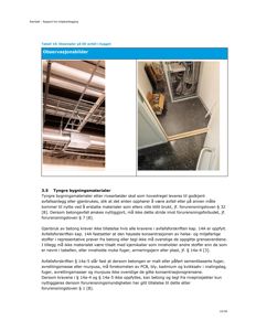 Fotografier av rivekartlegging og observasjoner av bygningens indre (takkonstruksjon og gulv), inkludert tekst om byggmaterialet.