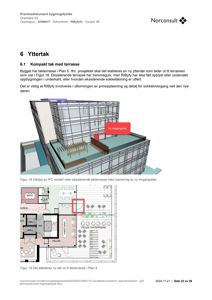 Bildet inneholder en 3D-visualisering (rendering) av et takterrasse med en markert ny inngangsdør, samt en tilhørende etasjeplan (floor plan) som viser romfordeling og plassering av terrassen.