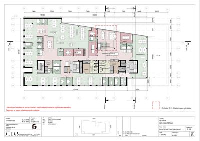 Etasjeplan (etasjeplan) som viser romfordeling, dimensjoner og funksjoner for et kontorbygg.