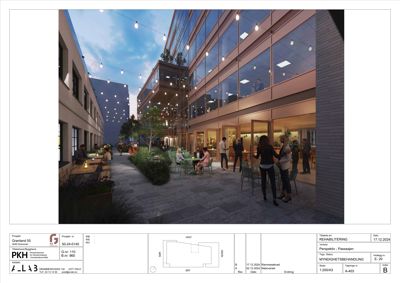 3D-visualisering (perspektiv) av en utendørs plass med lys, planter og mennesker i et kveldsscenarie.
