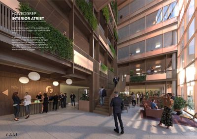 3D-visualisering av et internt atrium i en bygning med tekst om hovedgrepet.
