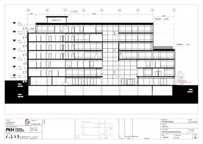 Snittegning (tverrsnitt) som viser bygningens høydeprofil, etasjer og konstruksjon.