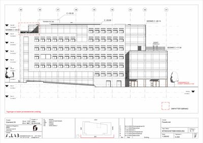 Fasadetegning av en bygning sett fra vest, med høydeangivelser og etasjer.