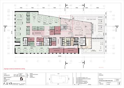 Etasjeplan (PLAN 05) som viser romfordeling, funksjoner og dimensjoner for et kontorbygg.