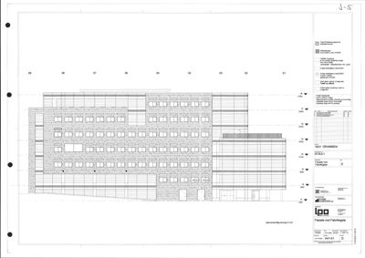 Fasadetegning som viser bygningens utseende sett fra en bestemt vinkel (Fabrikksgata).