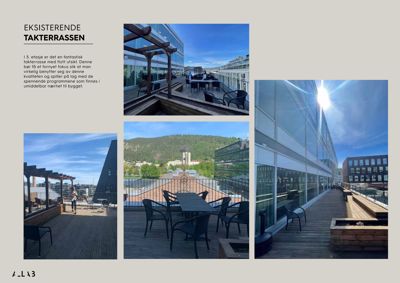 Fotografier av en eksisterende takterrasse med utsikt over bygget og omgivelsene.