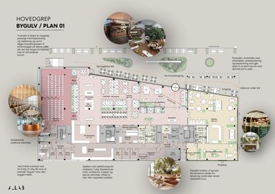 Etasjeplan (Plan 01) som viser romfordeling, arealer og funksjoner i et bygg, inkludert kantine, bar, auditorie og passasjer.