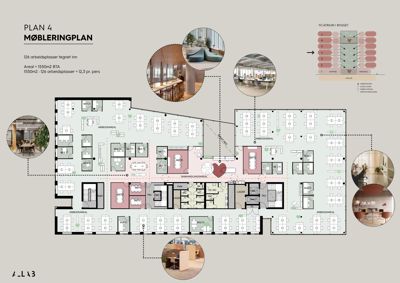 Etasjeplan (Plan 4) som viser romfordeling, møblering og arealbruk for et kontorbygg.