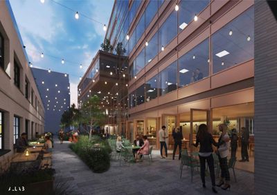 3D-visualisering av en utendørs gårdsplass eller patio mellom to bygninger, med lysklinger, planter og mennesker.