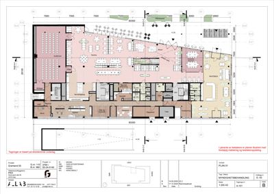 Etasjeplan (PLAN 01) som viser romfordeling, dimensjoner og funksjoner i et bygg.