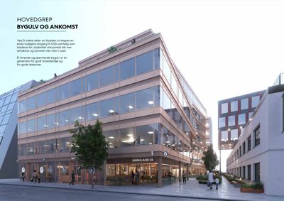 3D-visualisering av en bygning med fokus på fasade og inngang.