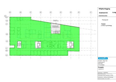 Etasjeplan (6. etg) for Grønland 55 som viser romfordeling, vegger og gulvbelegg.