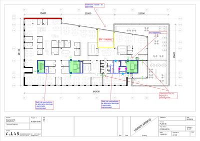 Etasjeplan (plan 05) for prosjektet Granland 55. Tegningen viser romfordeling, dimensjoner, og tekniske merknader om oppgradering av sjakt og takrenne.