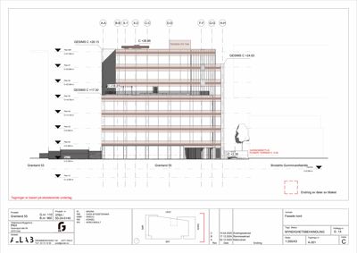 Fasadetegning som viser bygningens utseende, høyder, vindusoppsett og detaljer for fasadebehandling.
