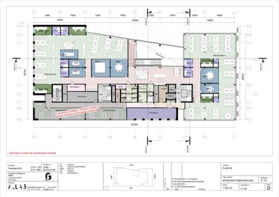 Etasjeplan (PLAN 02) som viser romfordeling, dimensjoner og funksjoner i et bygg.