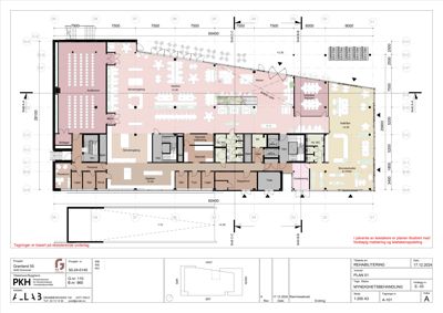 Etasjeplan (1. etasje) for rehabilitering av Granland 55, som viser romfordeling, dimensjoner og funksjoner.