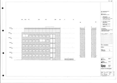 Fasadetegning som viser bygningens utseende sett fra fronten, inkludert vinduer, tak og fasadematerialer.