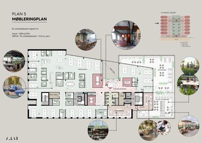 Etasjeplan (Plan 5) som viser romfordeling, møblering og arealbruk for et kontorbygg.