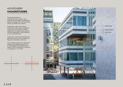 Fotografi av en moderne bygning med glassfasade, som illustrerer fasadestudier og materialvalg.