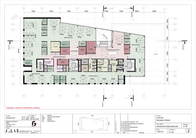 Etasjeplan (1. etasje) som viser romfordeling, funksjoner og mål for en rehabilitering av et kontorbygg.