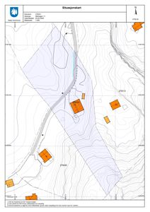 Situasjonskart som viser eiendomsnummer, adresse, utskriftsdato, målestokk, nabolag, topografi og bygningsplassering.