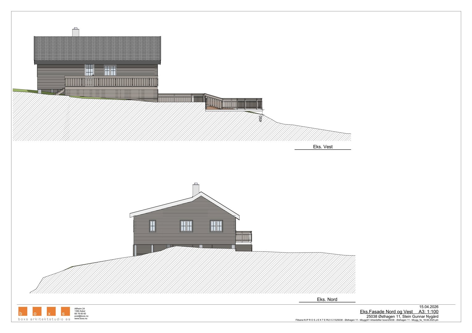 Tegning som viser fasadeoppsett for en bygning sett fra to ulike vinkler (Vest og Nord).