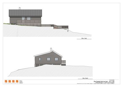 Tegning som viser fasadeoppsett for en bygning sett fra to ulike vinkler (Vest og Nord).