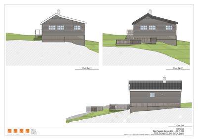 Fasadetegning som viser tre ulike vinkler (Sør 1, Sør 2 og Øst) på en hytte med terrassering.