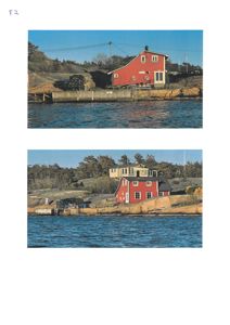 Fotografier av en rød bygning ved vannet, vist fra to ulike vinkler.