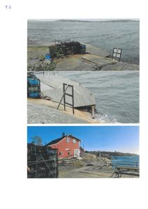 Fotografier av en rød bygning ved kysten, inkludert detaljer av en kai og omgivelsene.