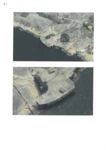 Fotografier av en eksisterende bygning og et kaiområde ved kysten, sett fra luften.