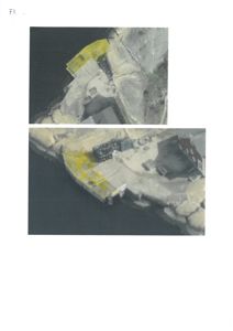 Situasjonsplan som viser to perspektiver (fra oven og fra siden) av et kystområde med bygninger, vann og terrengformet.