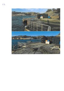 Fotografier av en kai eller brygge med omgivende kystlandskap og utstyr.