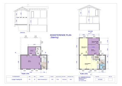 Bildet viser etasjeplaner (PLAN 1. ETG. og PLAN 2. ETG.) for en eksisterende bygning, inkludert romfordeling, mål og snittegninger.