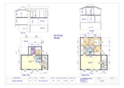 Bildet viser en samling tegninger for en bolig, inkludert etasjeplaner (PLAN 1. ETG., PLAN 2. ETG.) og snittegninger (Snitt A/A, Snitt B/B).