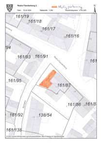 Situasjonsplan som viser eiendomsnummer, naboeiendommer og bygningsplassering for Nedre Flanderborg 5.