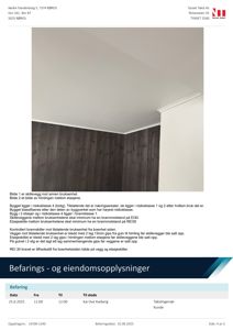 Fotografi av en innvendig vegg med mørke paneler og hvit himling, illustrerende etasjeskiller i en bygning.