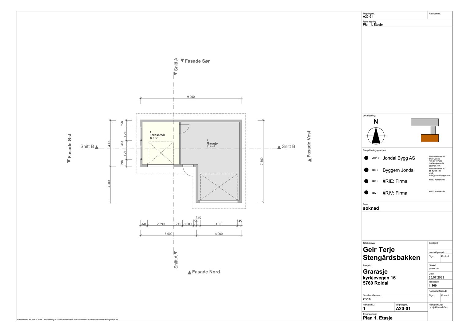 Etasjeplan (1. etasje) for en garasje med angitte mål, romfordeling (garasje, forbehold) og fasaderetninger.