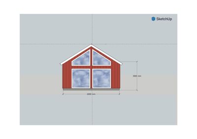 Fasadetegning av en liten bygning sett fra fronten, med mål på 6000 mm bredde og 3000 mm høyde.