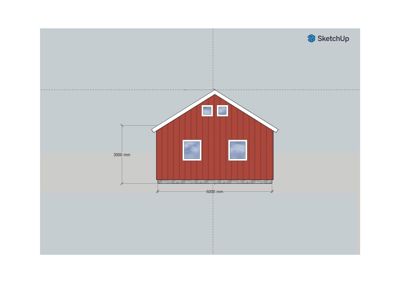 Fasadetegning av en rød bygning med mål og etasjeplan