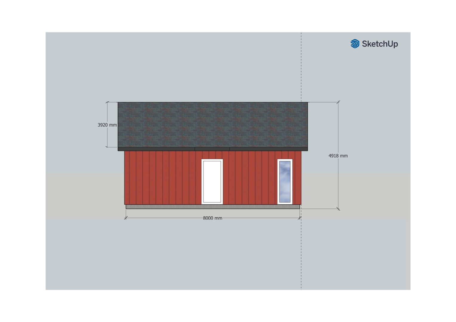 Fasadetegning av en bygning sett fra siden, med mål på høyde og bredde.