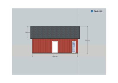Fasadetegning av en bygning sett fra siden, med mål på høyde og bredde.
