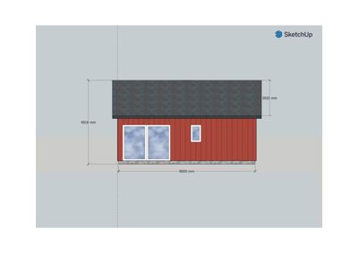 Fasadetegning som viser fronten av en bygning med mål og vindusoppsett.