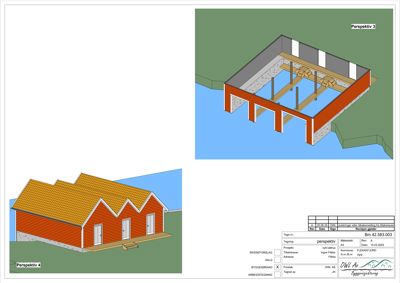 Bildet viser 3D-visualiseringer (perspektivtegninger) av et planlagt bygg, inkludert et utsnitt av fundamentet og et fullt hus.