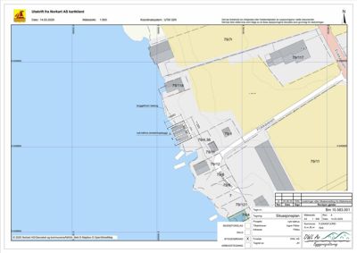 Situasjonsplan (tomtekart) som viser bygningsplassering, eiendomsnummer og arealer.