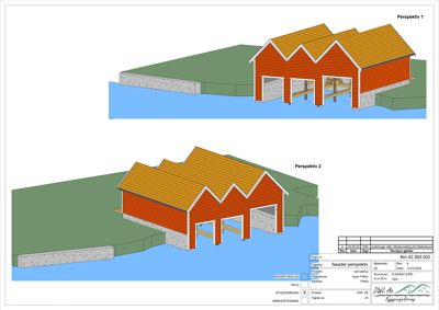 3D-perspektivtegning (rendering) av en rød bygning med gult tak, sett fra to ulike vinkler.